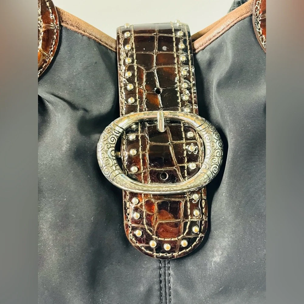 Y2K style Brighton nylon and leather shoulder bag, reptile and cheetah print